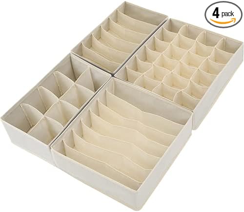 BINO 4-Pack Underwear Drawer Organizer - Beige | Sock Organizer | Drawer Organizer Dresser | Interior Drawer Organizer Storage | Dividers Dresser Drawers | Undergarment Scarf Tie Drawer Organizer