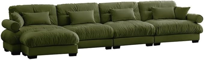 Ball & Cast L Shaped Sectional Cloud Sofa,166" Modular Velvet Sectional Couch with Movable Ottoman,4 Seater Couches w/Waist Pillow,Throw Pillows and Blostered Armrest,for Living Room,Olive Green