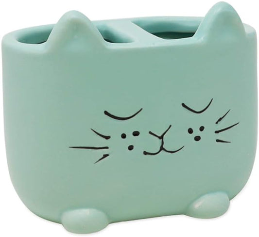 Isaac Jacobs Blue Ceramic Cat Makeup Brush Holder, Multi-Purpose 2-Section Organizer. Bathroom, Kitchen, Bedroom, Office Décor (2-Section Cup, Pastel Blue)