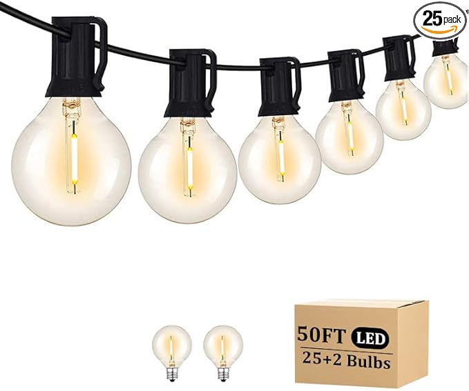 50FT LED Outdoor String Lights with 27 G40 Bulbs (2 Spare) Connectable Yard Hanging Lights for Party Tents Patio Gazebo Porch Deck Bistro Backyard Balcony Pergola Outside Decor