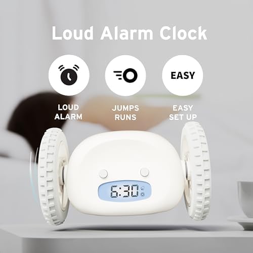 CLOCKY Extra Loud Alarm Clock for Heavy Sleepers on Wheels Rolls Runs Away Vibrating, Easy to Set Super Smart Snooze Digital Bed Shaker Alarm Clock Funny Gift for Adults Kids Teens Bedrooms (White)