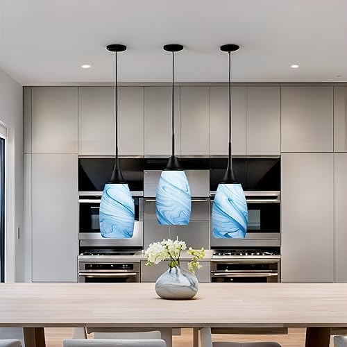 Mini Glass Pendant Light 4.72" with Handblown Blue Marble Art Glass Hanging Light 3-Pack Oval Ceiling Hanging Light Fixture for Dining Room Kitchen Island Cafe Foyer Hallway