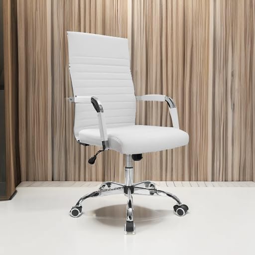 Furmax Ribbed Office Desk Chair Mid-Back PU Leather Executive Conference Task Chair Adjustable Swivel Chair with Arms (White)