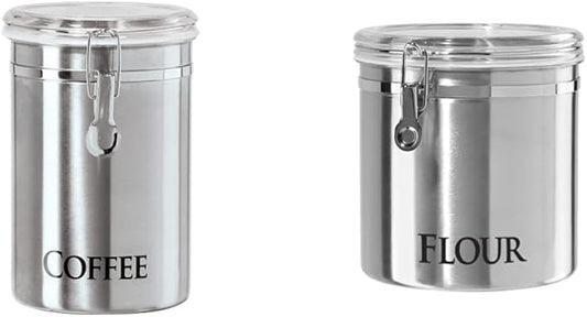OGGI Stainless Steel Canister 62oz - Airtight Clamp Lid, Clear See-Thru Top. Large Size 5" x 7.5" & Jumbo 8" Stainless Steel Flour Clamp Canister - Airtight Food Storage Container Ideal, Dry Foods