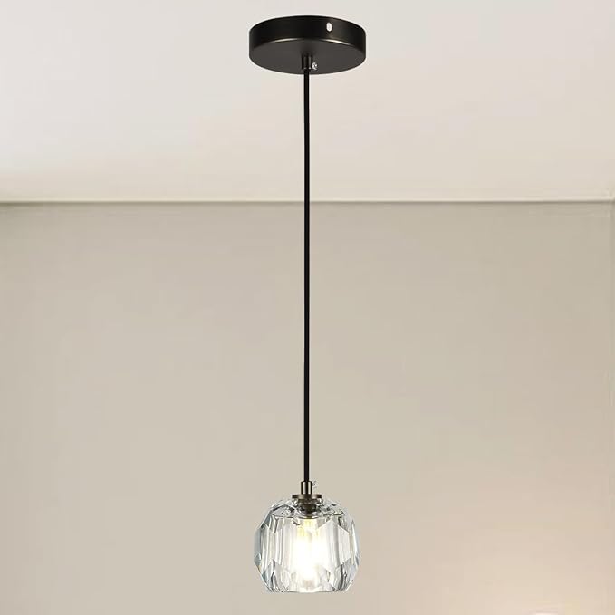 Modern Pendant Light Fixture, Prism Crystal Small Pendant Light for Kitchen Island, Black Crystal Single Pendant Lighting for Dining Room Bedroom