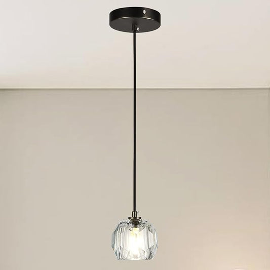 Modern Pendant Light Fixture, Prism Crystal Small Pendant Light for Kitchen Island, Black Crystal Single Pendant Lighting for Dining Room Bedroom