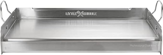 LITTLE GRIDDLE 100% Stainless Steel Griddle with Even Heat Cross Bracing and Removable Handles - For Grills, Camping, Tailgating, Silver, 25" x 16" x 6.5"