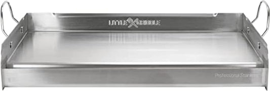 LITTLE GRIDDLE 100% Stainless Steel Griddle with Even Heat Cross Bracing and Removable Handles - For Grills, Camping, Tailgating, Silver, 25" x 16" x 6.5"