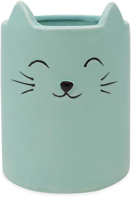 Isaac Jacobs Blue Ceramic Cat Makeup Brush Holder, Multi-Purpose Cup Organizer. Bathroom, Kitchen, Bedroom, Office Décor (Single Cup, Pastel Blue)
