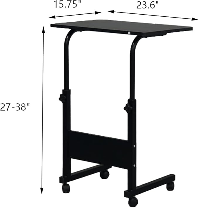 Goujxcy Sofa Side Table C Shaped End Table with Wheels, Rolling Bedside Laptop Table Snack Table TV Tray, Height Adjustable, Wooden Top & Metal Frame