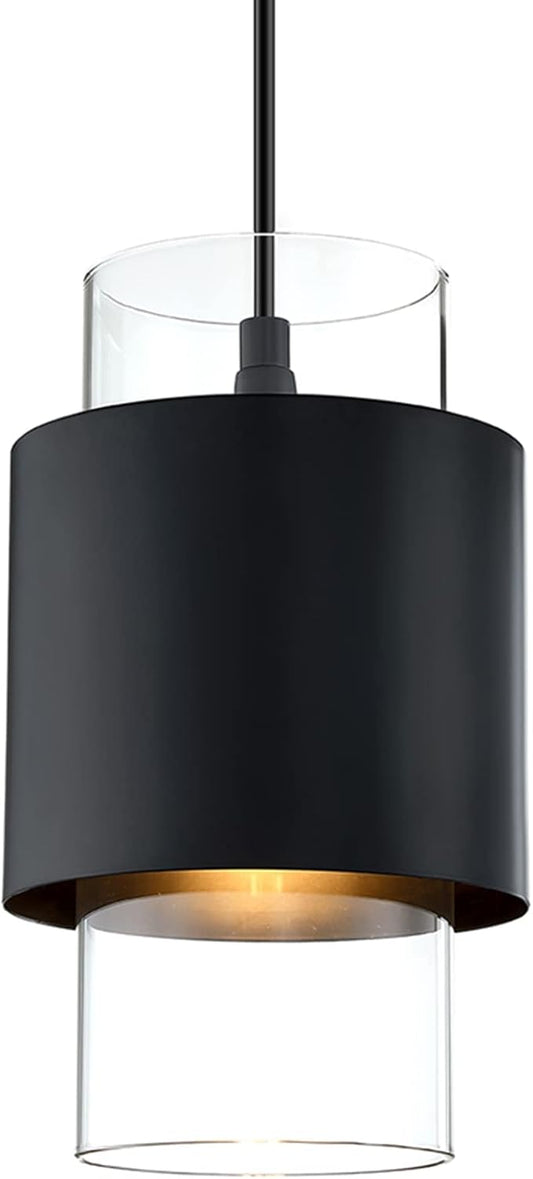 1 Light Hanging Indoor Kitchen Island Pendant Light 6" Drum Glass Shade Pendant Ceiling Light Fixtures Modern Farmhouse Dinning Over Sink (Black Finish, 1 Pack)