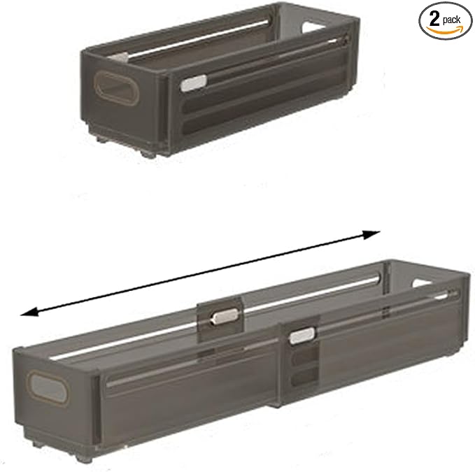 Foldable Storage Bins, 2 Pack Plastic Expandable Boxes for Organizing, Adjustable from 11-18.8" Drawer Organizers Separators Dividers for Bedroom Kitchen Utensils Tools Closet, Small Grey