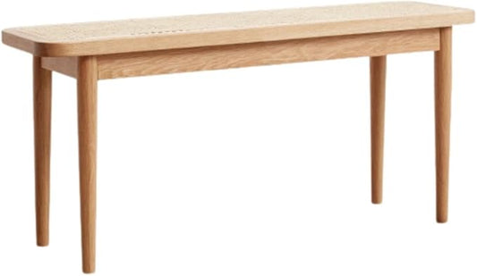 31.5'' Natural Rattan Dining Bench with 100% Solid Oak Wood Bench Frame, Bed End Shoe Ottoman for Kitchen Bedroom Entryway, Natural Oak