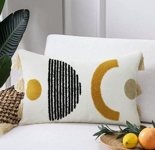 Merrycolor Boho Lumbar Throw Pillow Cover 12x20 Bohemian Tufted Decorative Pillow Covers with Tassels Mid Century Modern Aesthetic Throw Pillow Case for Couch Sofa Bedroom Living Room