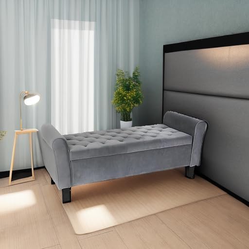 Storage Ottoman Bench with Arms, Velvet End of Bed Bench for Bedroom, Button Tufted Storage Bench for Entryway, Living Room,Hallway, Large Storage Bench Foot Rest (Dark Grey)