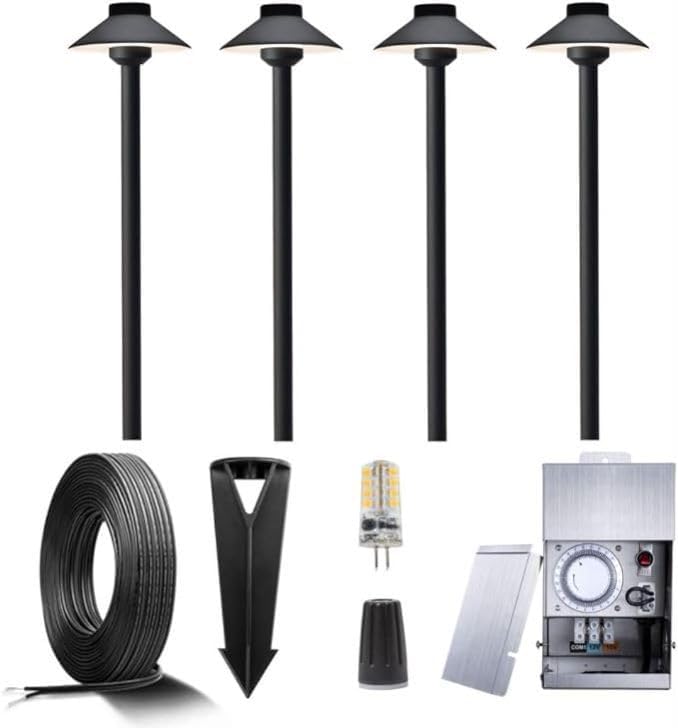 12V Brass Landscape Black Path Lighting Kit (4 Pack Path Lights) with 75W Low Voltage Transformer and 100 Feet Cable and 20Pack Wire Connectors for Outdoor House Garden Patio Walkway