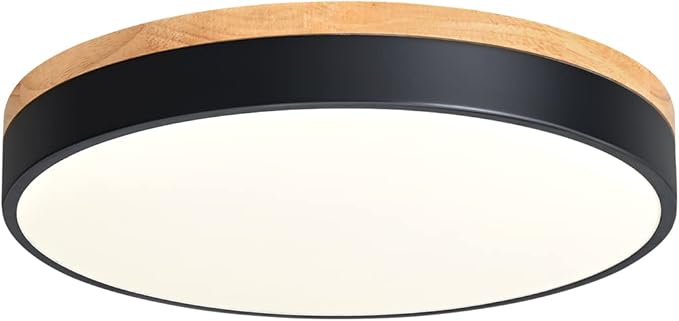 Dimmable Modern Wood Ceiling Light, Black LED 5CCT 2700K-6000K Flush Mount Ceiling Lighting Fixture, Round Light Fixtures for Kitchen Living Room Dining Room Bedroom 15.8in