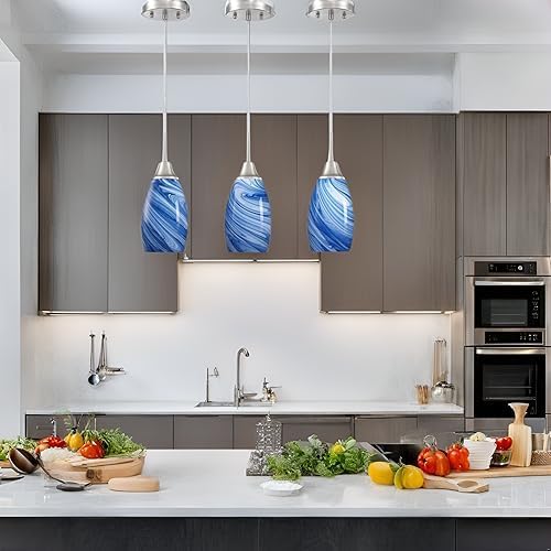 Glass Pendant Light with Handblown Dark Blue Marble Art Glass Shade Ceiling Light 3-Pack Mini Hanging Pendant Light for Kitchen Island,Dining Room,Living,Foyer,Hallway