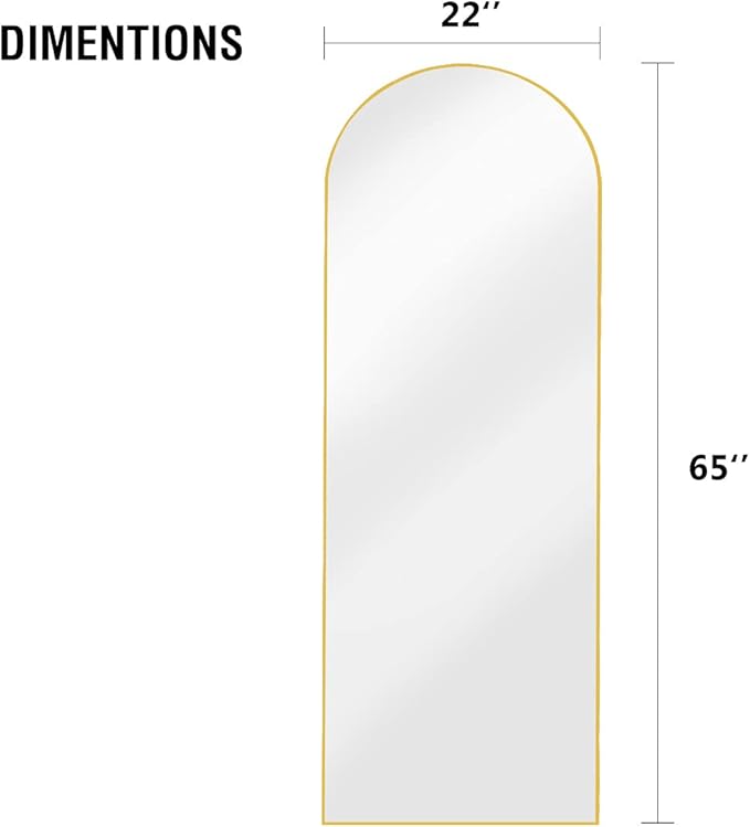 OGCAU Floor Mirror with Aluminum Alloy Frame, Full Length Standing Hanging or Leaning Against Wall, Body Mirror for Floor & Wall in Bedroom, Arched-Top, Wall-Mounted (Gold)
