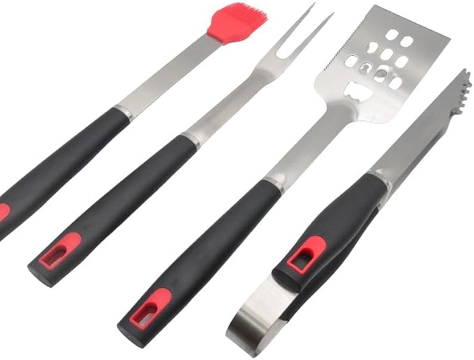 Stainless Stell BBQ Accessories Tool Set with Serrated Edged Spatula、Fork Brush and Tongs Backyard Outdoor Cooking and Teppanyaki Barbecue Tools Accessories 4-Piece Home Barbecue Set
