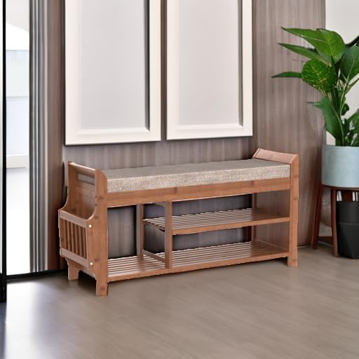 Shoe Bench with Hidden Drawer and Side Holder, 2 Tier Entryway Bench with Storage 39.4 in, Bamboo Shoe Rack with Cushion for Entryway Hallway Living Room Bedroom