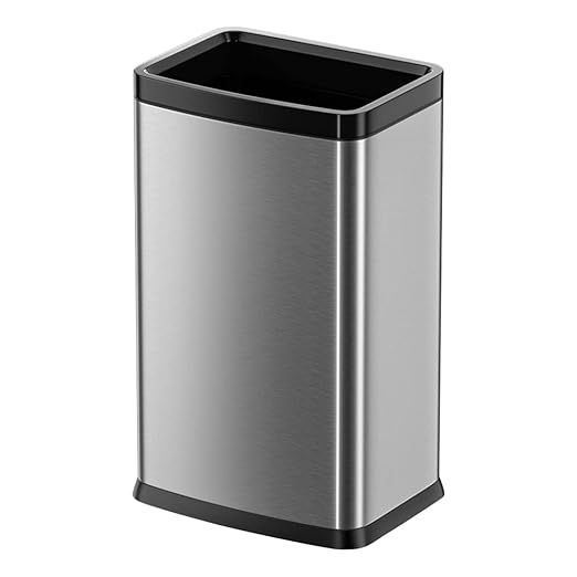 25L/6 Gallon Stainless Steel Square Trash Can, Large Kitchen Garbage Can, Office Commercial Trash Bin Silver Garbage Can, Large Open Top Waste Basket (25L Silver)