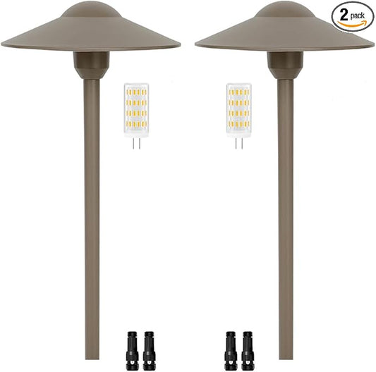 Low Voltage Path Light,Cast Aluminum Landscape Lighting Pathway Lights Walkway Driveway Light Yard Lighting Replaceable G4 LED Bulb,Wire Connectors Included 2-Pack Bronze Finish Round Hat