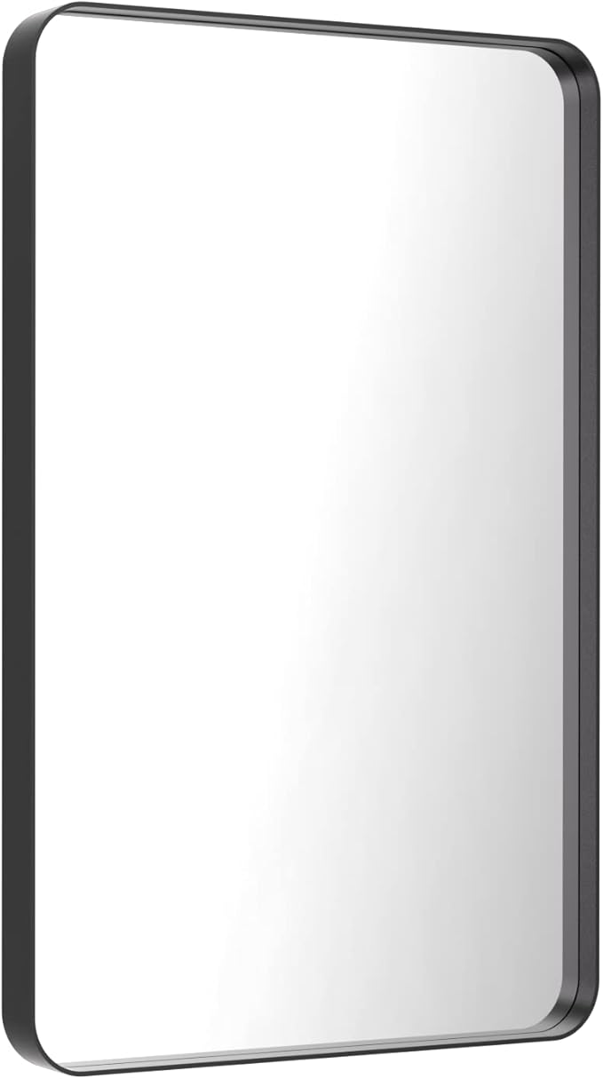 LOAAO Black Metal Framed Bathroom Mirror for Wall, 24X36 Inch Rounded Rectangle Mirror, Matte Black Bathroom Vanity Mirror Farmhouse, Anti-Rust, Hangs Horizontally or Vertically