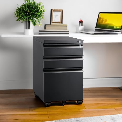 DEVAISE 3 Drawer Mobile File Cabinet with Lock, Under Desk Metal Filing Cabinet for Home Office/Legal/Letter/A4 File, Fully Assembled Except Wheels, Black