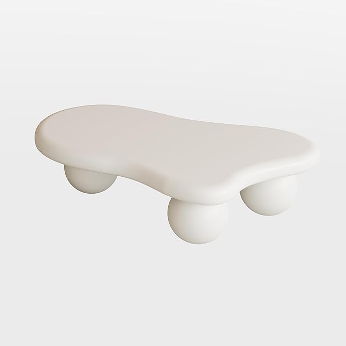 47 Inch Cloud Shaped Coffee Table with 3 Ball Legs for Living Room Cream White