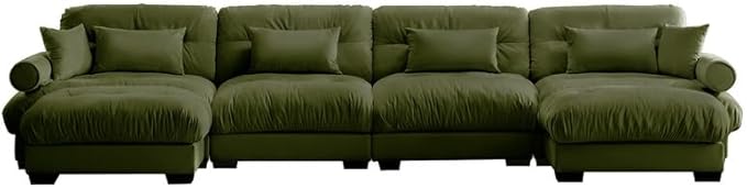 Ball & Cast 166" U Shaped Couch Sectional Couch,4 Seater Modular Couchs with Round Bolster Armrest,6 Pillows,Waist Pillows,Modern Corner Sofa w/ 2 Removable Ottomans,for Living Room,Olive Green