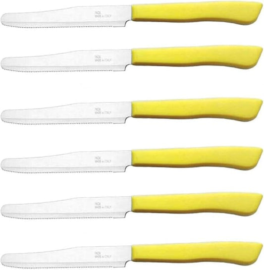 Tredoni 6 kitchen Knives - 4.3"/11cm Italian Stainless Steel Serrated Vegetable/Steak/Table Knife Cutlery, Rounded Tip (Yellow)