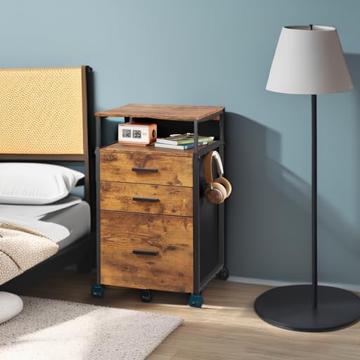 DEVAISE File Cabinet with Storage Drawers, Rolling Printer Stand with Adjustable Shelves, Wood Filing Cabinet for Home Office, Rustic Brown