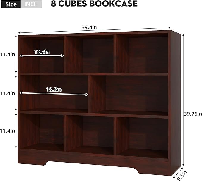 Book Shelf for Kids, 8 Cubes Storage Organizer Montessori Shelf, 3-Tier Wooden Kids Bookcase, Toy Storage Organizer for Children, Cherry Toddler Bookshelf Cube Shelf for Kid’s Room, Classroom