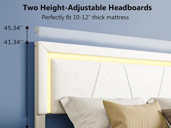 Full Size Bed Frame with Adjustable Headboard, Upholstered Platform Bed with 4 Storage Drawers, Wooden Slats Support, Built in Charging Station & LED, Noise-Free, No Box Spring Needed, Beige