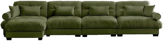 Ball & Cast L Shaped Sectional Cloud Sofa,166" Modular Velvet Sectional Couch with Movable Ottoman,4 Seater Couches w/Waist Pillow,Throw Pillows and Blostered Armrest,for Living Room,Olive Green