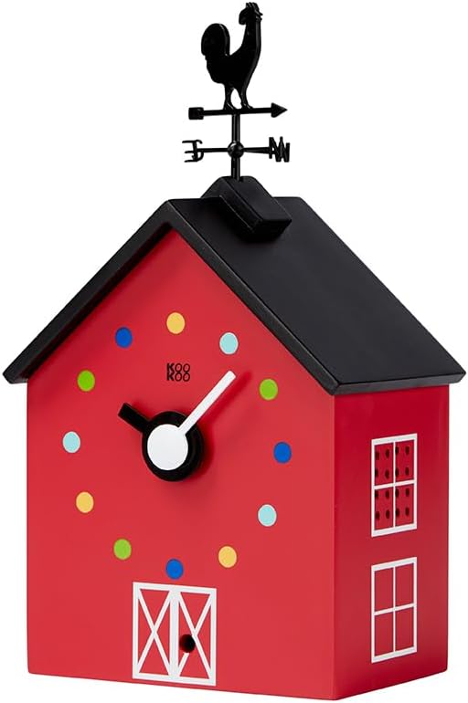 KOOKOO Red Barn Small, Farmhouse Clock with 12 Animal Sounds, a Rooster and a Rotating weathervane