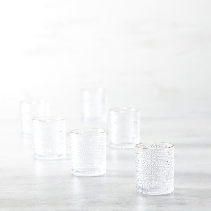Fortessa Jupiter Beaded Hobnail Glass, 10 Ounce Double Old Fashioned (Set of 6), Gold Rim Clear