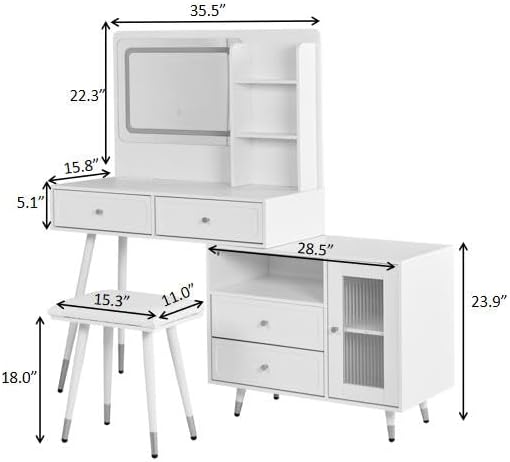 Merax 58" Large Vanity Desk with Mirror and Lights, Modern White Makeup Vanity Set with Stool and Power Outlet, Retractable Dressing Table with Drawers and Side Cabinet for Bedroom Women
