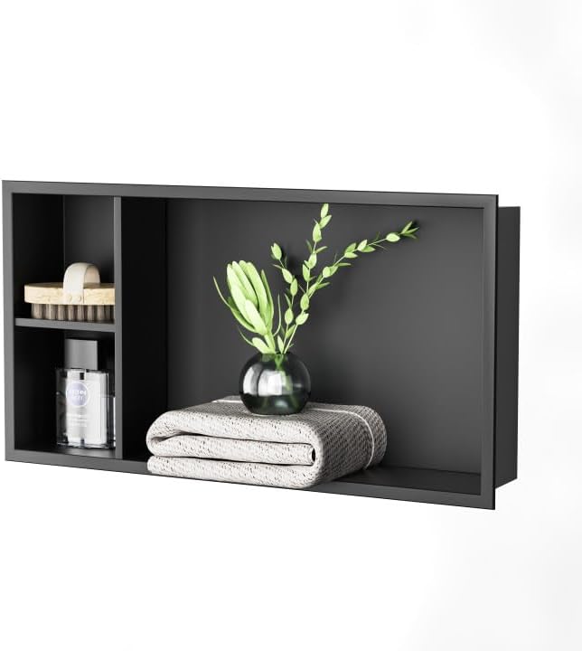 Stainless Steel Shower Niche 24" X 12" Matte Black No Tile Needed Horizontal Niche Shower with Shelf Recessed Wall Niches for Bathroom Storage