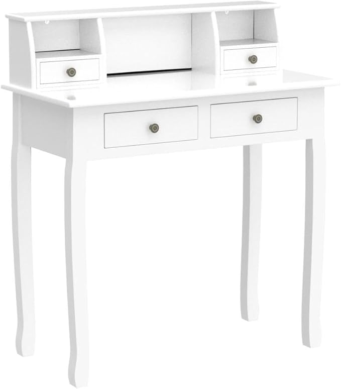 Kids Study Desk, 32" Small Wooden Writing Desk with 4 Drawers for Home Office, 6-16 Years Girls Boys Study Table with Hutch for Bedroom Study Room, Compact Computer Desk, Vanity Makeup Table, White
