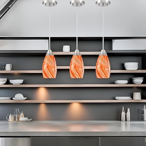 Mini Glass Pendant Light 4.72" with Handblown Orange Marble Art Glass Hanging Light 3-Pack Oval Ceiling Hanging Light Fixture for Dining Room Kitchen Island Cafe Foyer Hallway