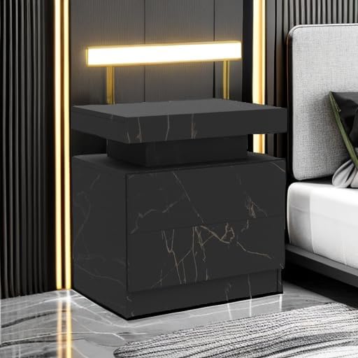 LED Nightstands Set of 2, Modern End Side Table with 2 Drawers, LED Bedroom Furniture for Bedroom and Living Room, Black Marble Pattern