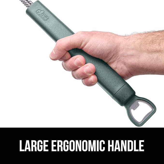 GORILLA GRIP Heavy Duty No Bristle Triple Helix Grill Brush with Scraper for Outdoor Grills, Safe Steam Cleaning, Oversized Comfortable Handle Grip with Bottle Opener, BBQ Tools, 17.5 Inch, Green