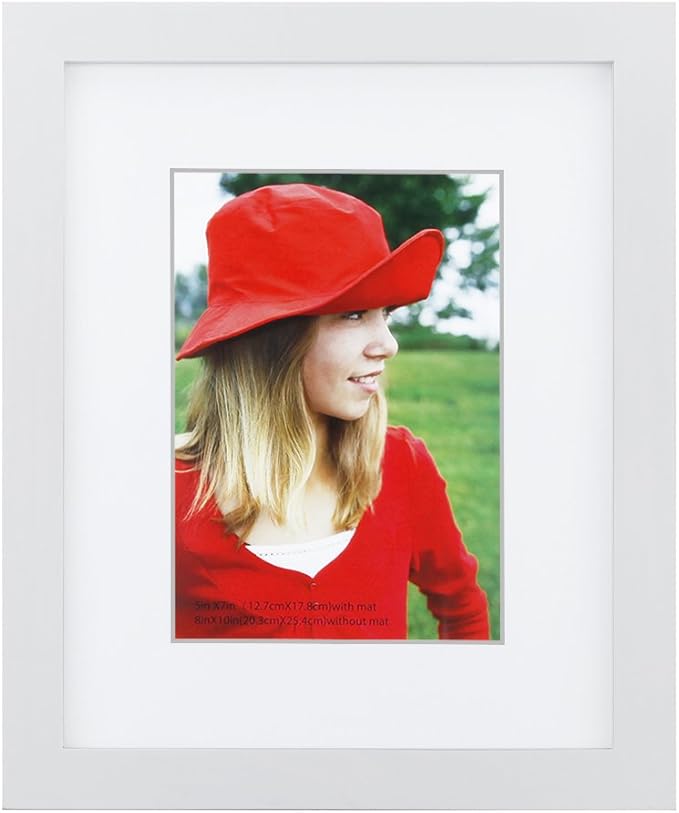 RPJC 8x10 inch Picture Frame Made of Solid Wood and High Definition Glass Display Pictures 5x7 with Mat or 8x10 Without Mat for Wall Mounting Photo Frame White