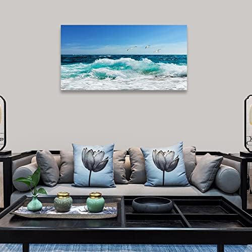 Ocean Waves Canvas Wall Art for Living Room Wall Decor Summer Beach Canvas Pictures Blue Surfing Water Birds on Sea Canvas Prints Artwork Office Home Wall Decorations Framed Ready to Hang 20" x 40"