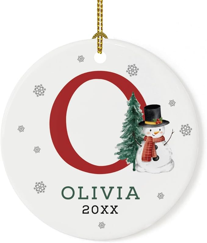 Andaz Press Personalized Christmas Ornaments, Custom Name, Initial O Monogram Snowman 2.8" Ceramic Porcelain 2025 Christmas Ornament Keepsake for Kids, Boys, Girls, 1-Pack Initial Ornaments