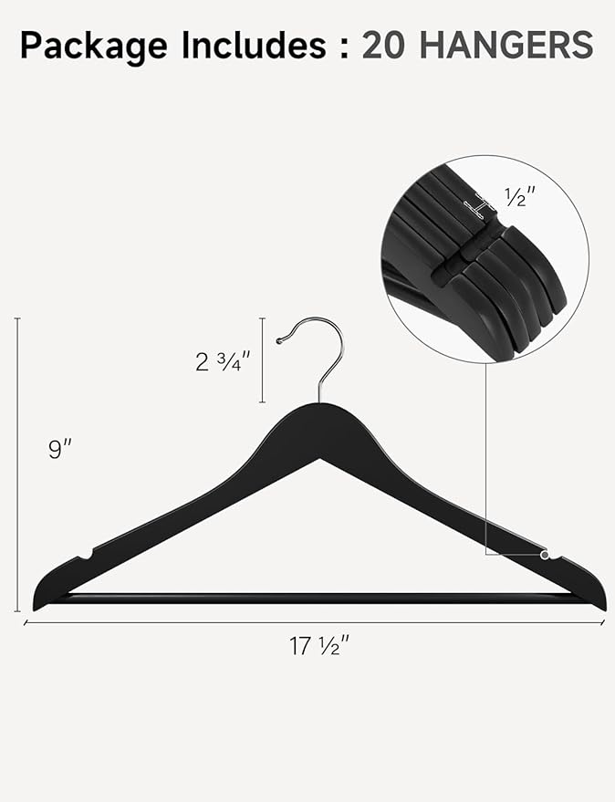 StorageWorks Black Wooden Hangers, 20 Pack Wood Hanger for Closet, Coat Hangers for Coats, Shirts, Pants, Suits