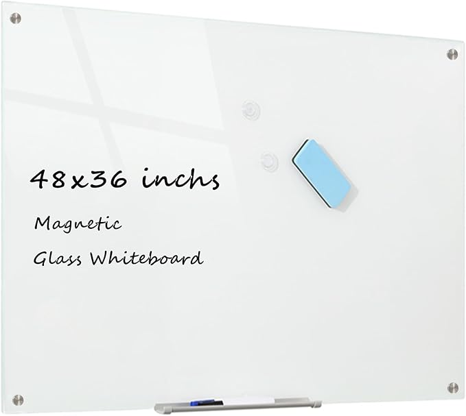 Glass Whiteboard Magnetic Dry Erase Board 48 x 36 Inches, Wall Mounted Glass White Board for Office School Home.