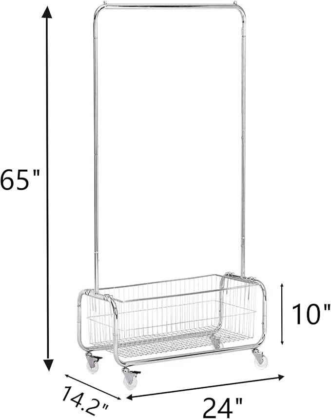 Garment Rack With Storage Baskets,Clothing Rack for Hanging Clothes, Multi-functional Bedroom Clothes Rack with Wheels for Bedroom, Living Room, Easy Assembly (24inch length)